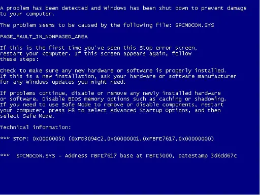Modrá obrazovka smrti (BSOD) ve Windows — typický příznak nestability hardwaru nebo ovladačů