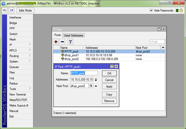 MikroTik RouterOS — PPTP VPN krok 2: konfigurace local a remote IP rozsahu
