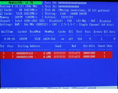 Chybová hláška RAM v MemTest86 — selhání paměťového modulu při zátěžovém testu