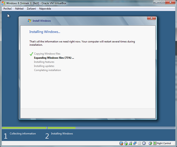 Instalace Windows 8 ve VirtualBoxu — krok 3: výběr cílového disku a oddílu