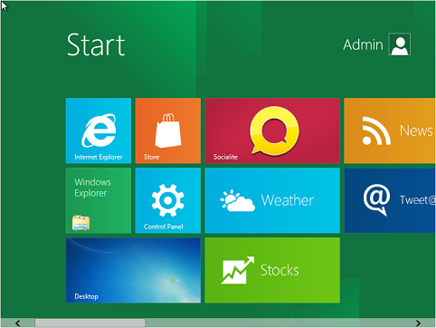 Spuštěný Windows 8 — nová úvodní obrazovka Start s dlaždicemi (Metro UI)