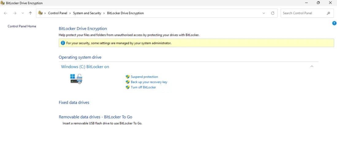BitLocker Drive Encryption control panel in Windows 11 – operating system drive Windows (C:) showing BitLocker on