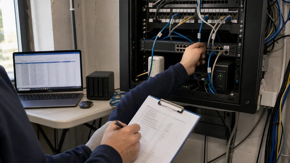 Inventura firemní sítě: notebook, síťový rack, patch panel a checklist zařízení
