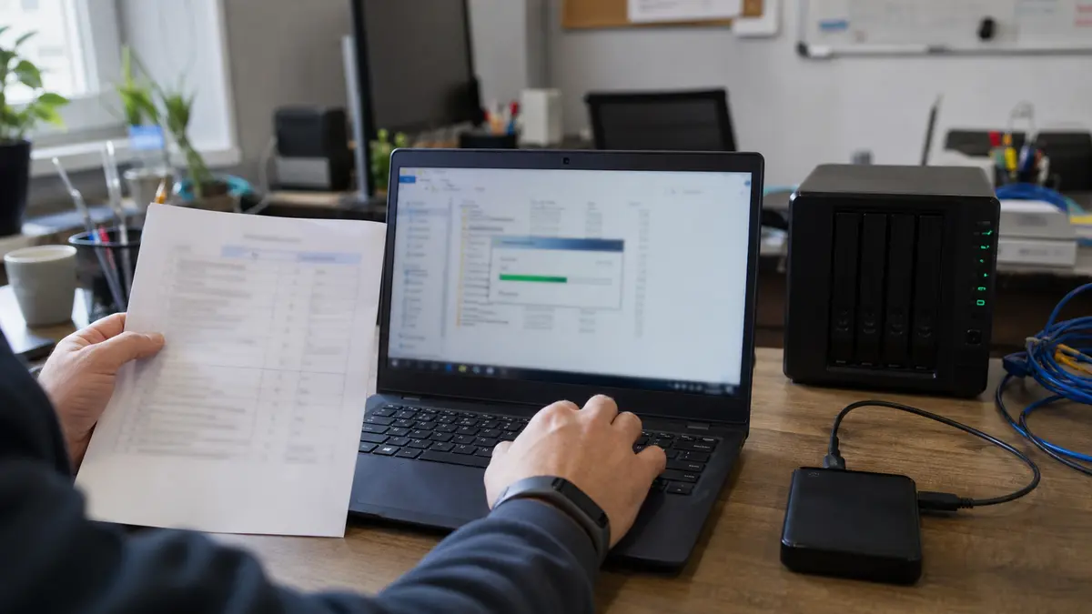 Test obnovy záloh ve firmě: notebook, NAS a externí disk při ověřování obnovitelnosti dat