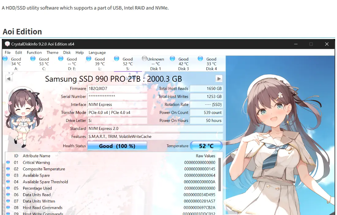 CrystalDiskInfo — SMART monitoring SSD/HDD, Health Status a teplota disku