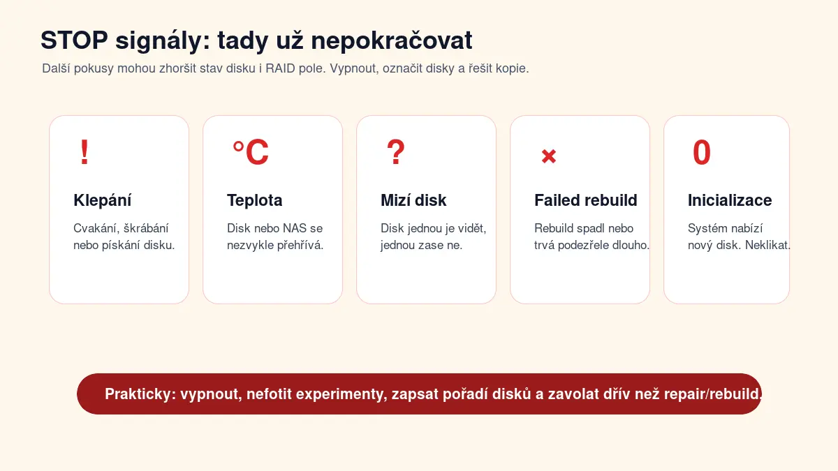 STOP signály u RAID a NAS: klepání disku, přehřívání, mizící disk, failed rebuild a výzva k inicializaci