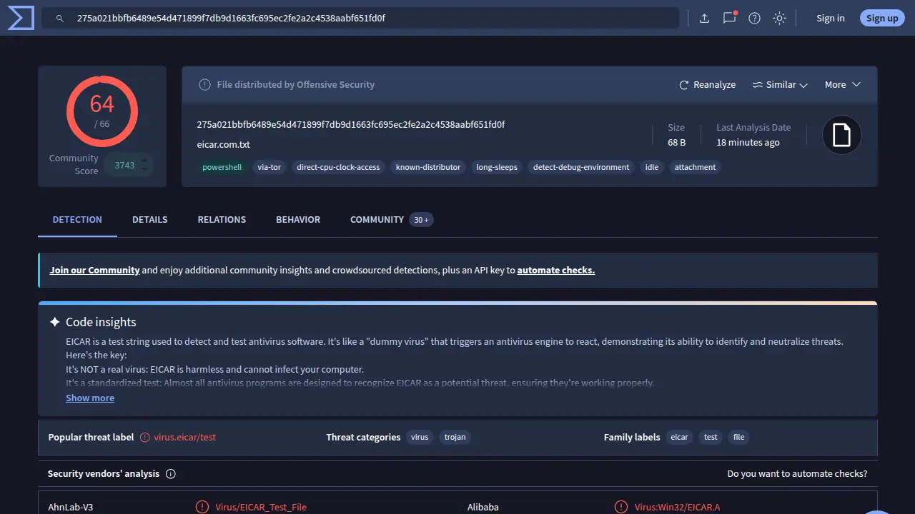 Ukázka analýzy testovacího souboru ve VirusTotal při identifikaci škodlivého kódu