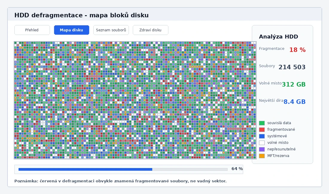 Mapa fragmentace disku v programu Defraggler — barevné bloky, červené označují fragmentované soubory