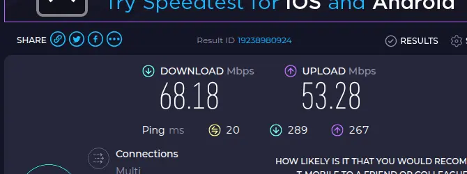 Speedtest by Ookla — connection speed result (download, upload, ping)