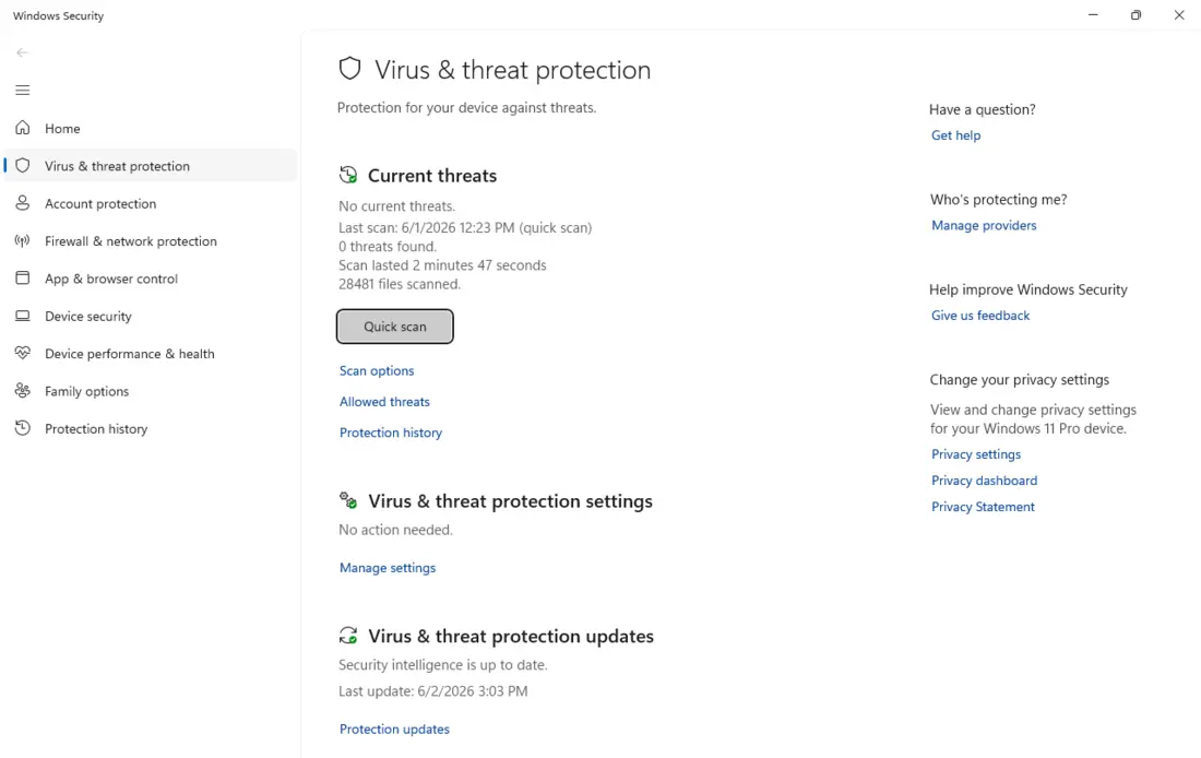 Windows Security - Virus & threat protection showing the result of a quick scan in Windows 11