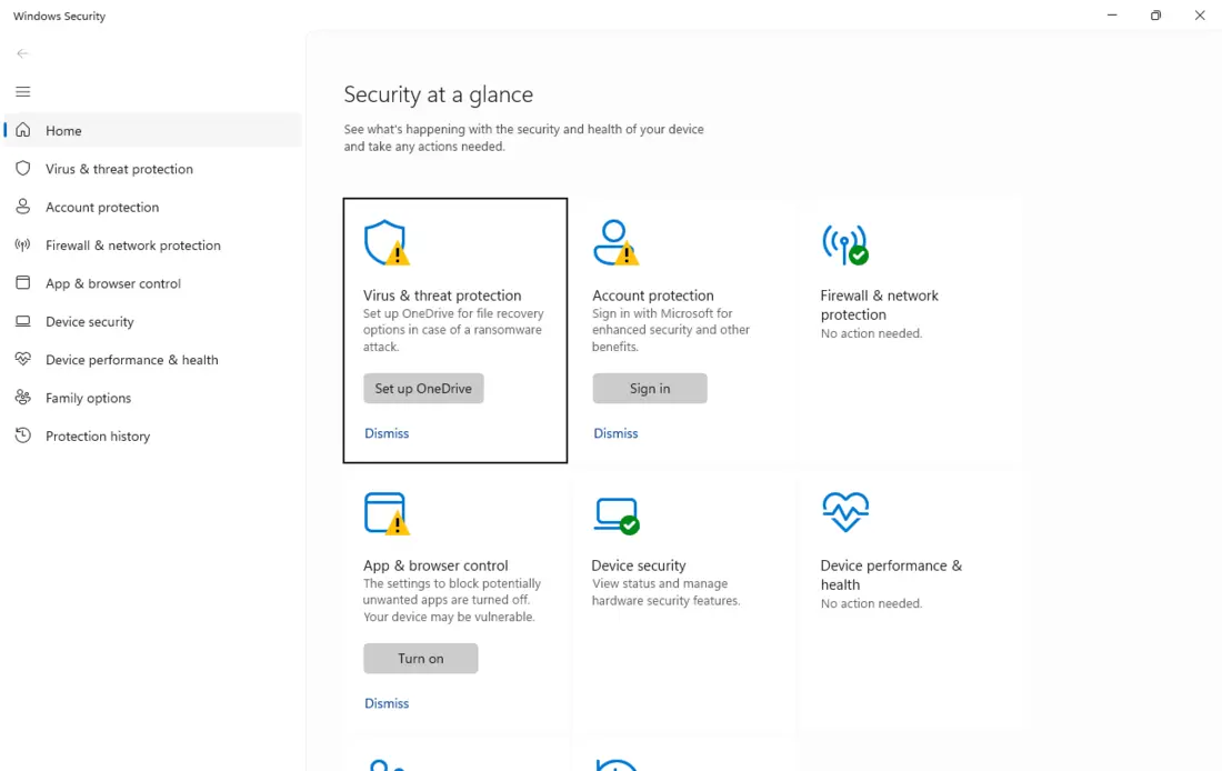 Windows Security – přehled Security at a glance (Zabezpečení v kostce) s dlaždicemi ochrany ve Windows 11