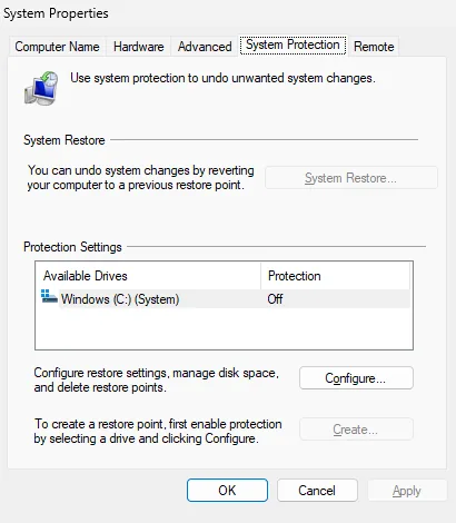 Windows 11 – System Protection in the System Properties window, where a restore point is configured and created