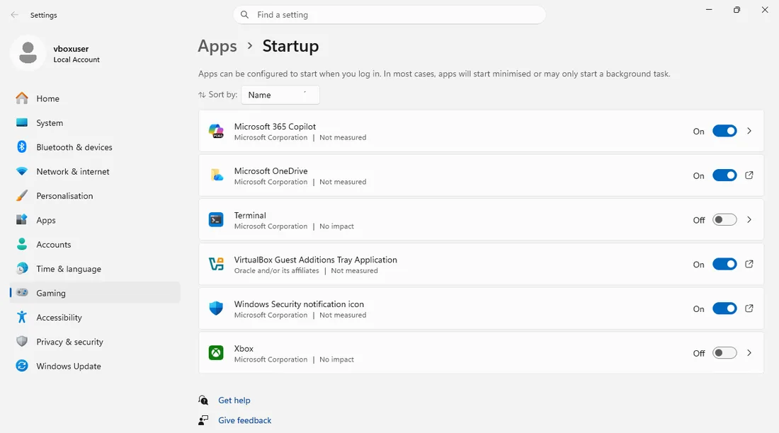Windows 11 Settings – Apps → Startup: on/off toggles for programs that launch with the system