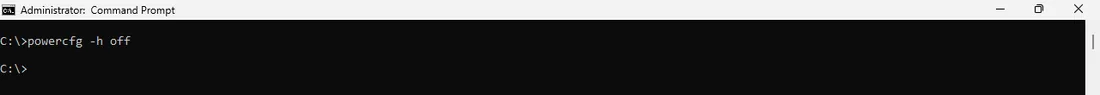 Příkazový řádek správce (Administrator: Command Prompt) s příkazem powercfg -h off pro vypnutí hibernace