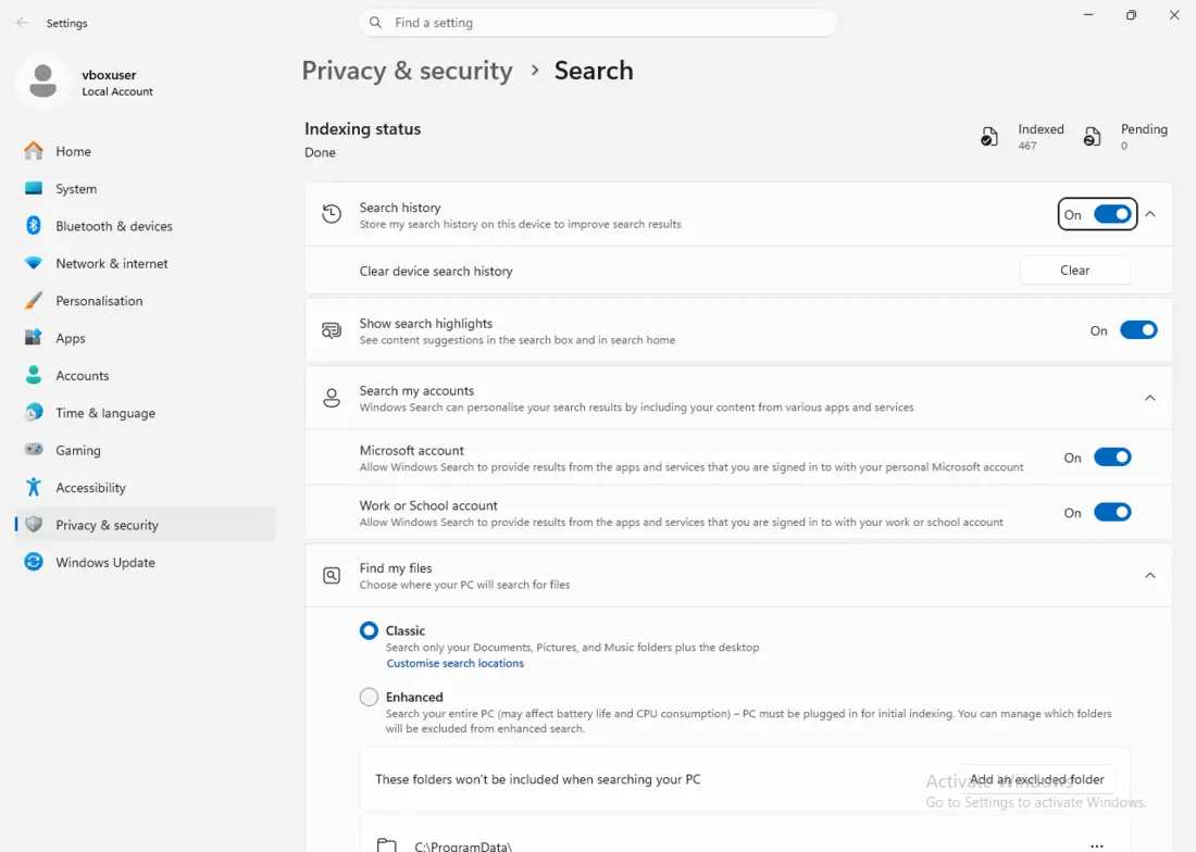 Windows 11 Search permissions: cloud content search via a Microsoft account and search highlights