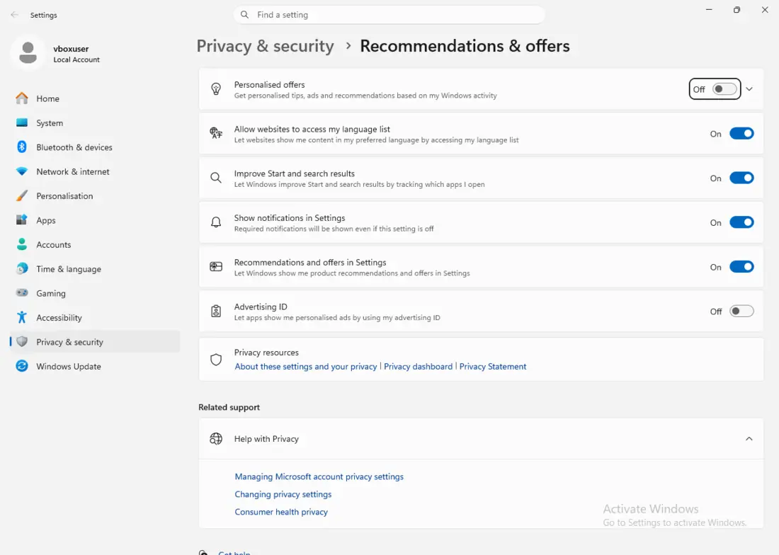 Windows 11 General privacy panel (renamed Recommendations & offers on later 24H2): the advertising ID and personalised in-system suggestions