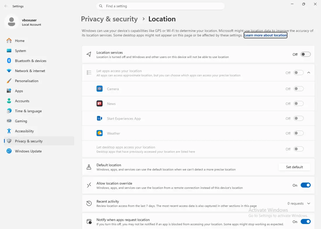 Windows 11 Settings, Privacy, Location: the master location services toggle, the list of apps, and location history