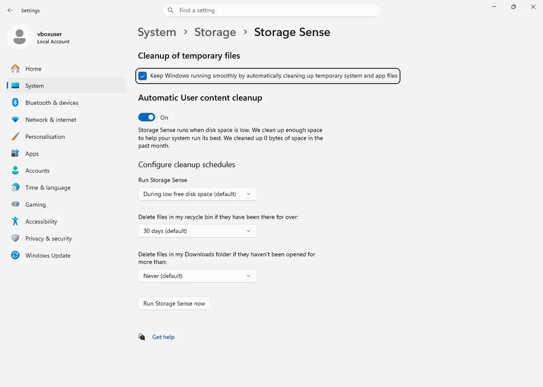 Nastavení Windows 11 – Senzor úložiště (Storage Sense): automatické čištění dočasných souborů a plán úklidu