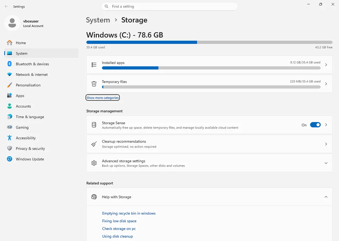 Windows 11 – Settings System → Storage showing an overview of system disk usage, apps, and temporary files