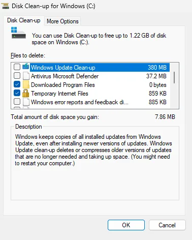 Nástroj Vyčištění disku (Disk Clean-up) ve Windows 11 se systémovými soubory: Windows Update Clean-up a další položky s velikostmi