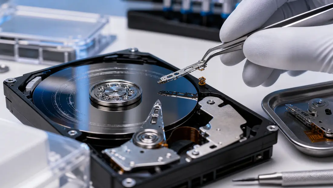 Open hard drive with visible platters and read/write heads in a cleanroom environment for data recovery