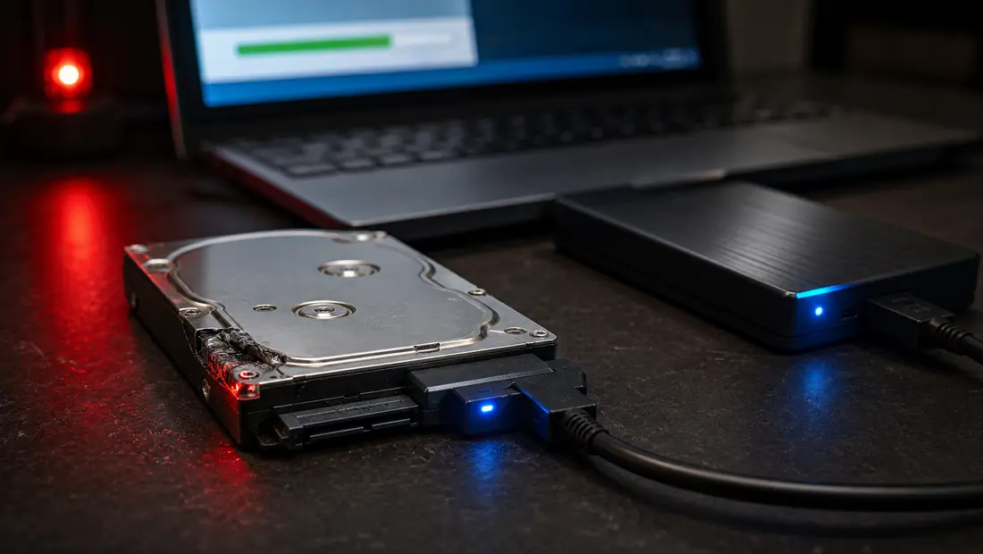 Damaged laptop drive connected via SATA-USB adapter to a diagnostic laptop and an external drive for safe data copying