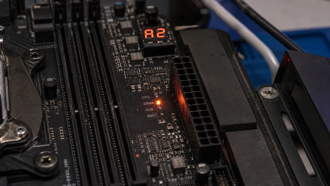 Diagnostic debug LED on a motherboard — a lit LED at the DRAM stage signals a memory problem