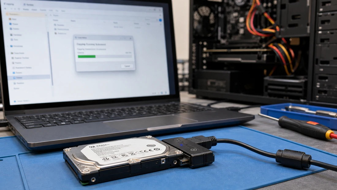 A drive from a computer with a faulty motherboard connected via a SATA-USB adapter to a laptop to copy data