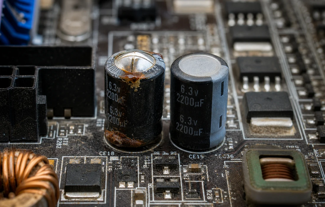 A bulging electrolytic capacitor on a motherboard — domed top instead of a flat surface, next to a healthy capacitor for comparison