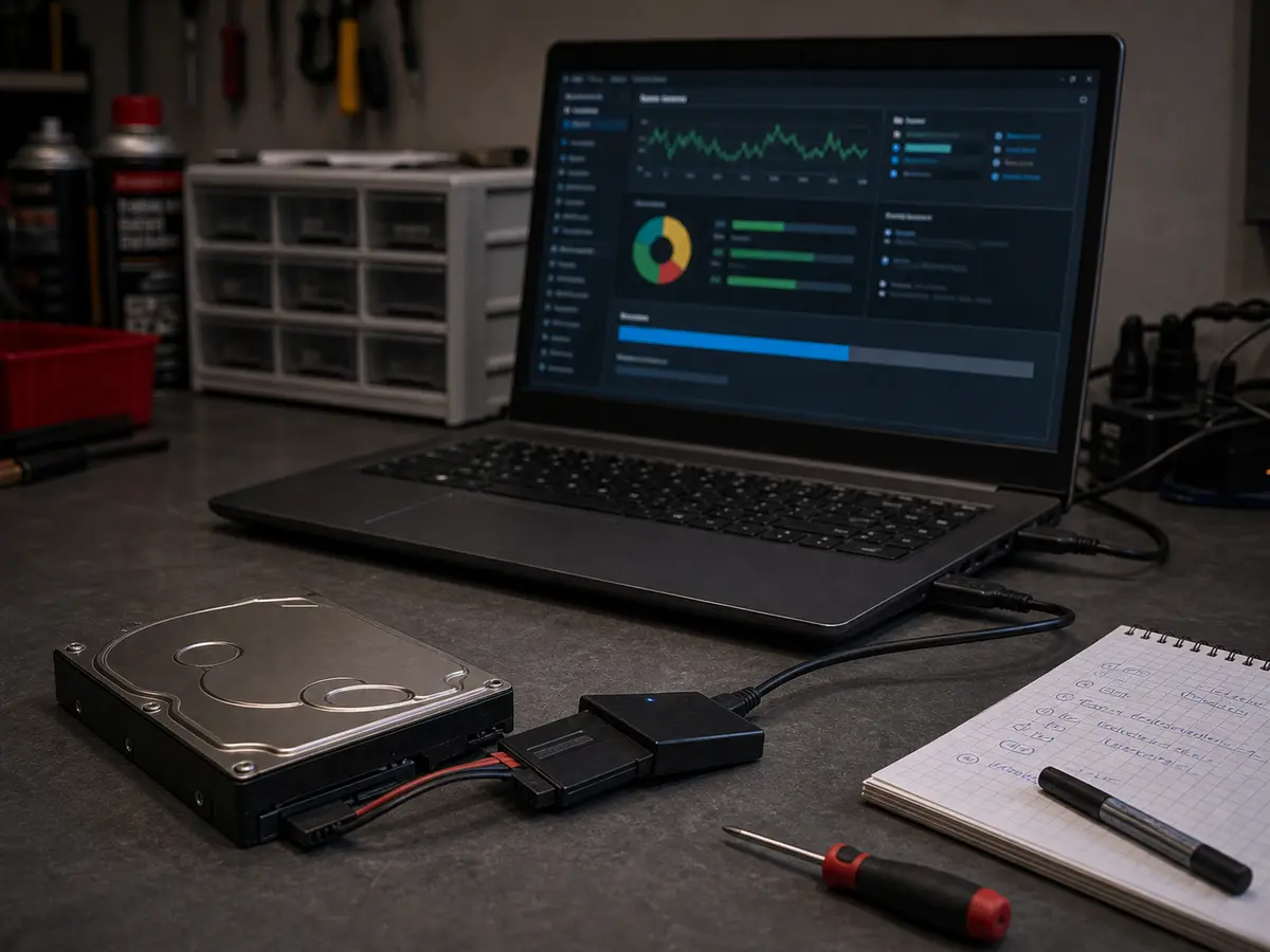 Vyjmutý disk připojený přes USB adaptér k čistému servisnímu notebooku