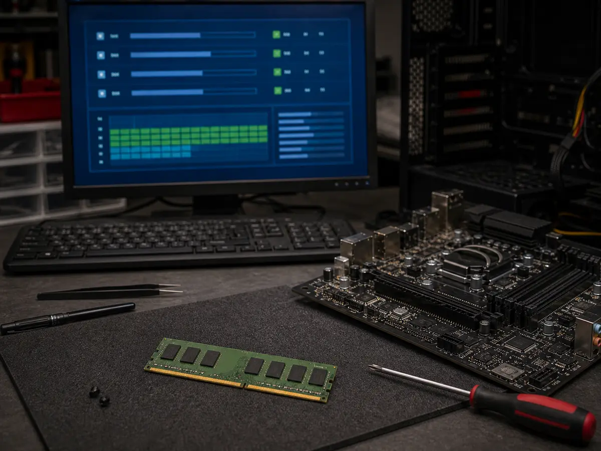 Paměťový modul RAM vedle monitoru s diagnostickým testem