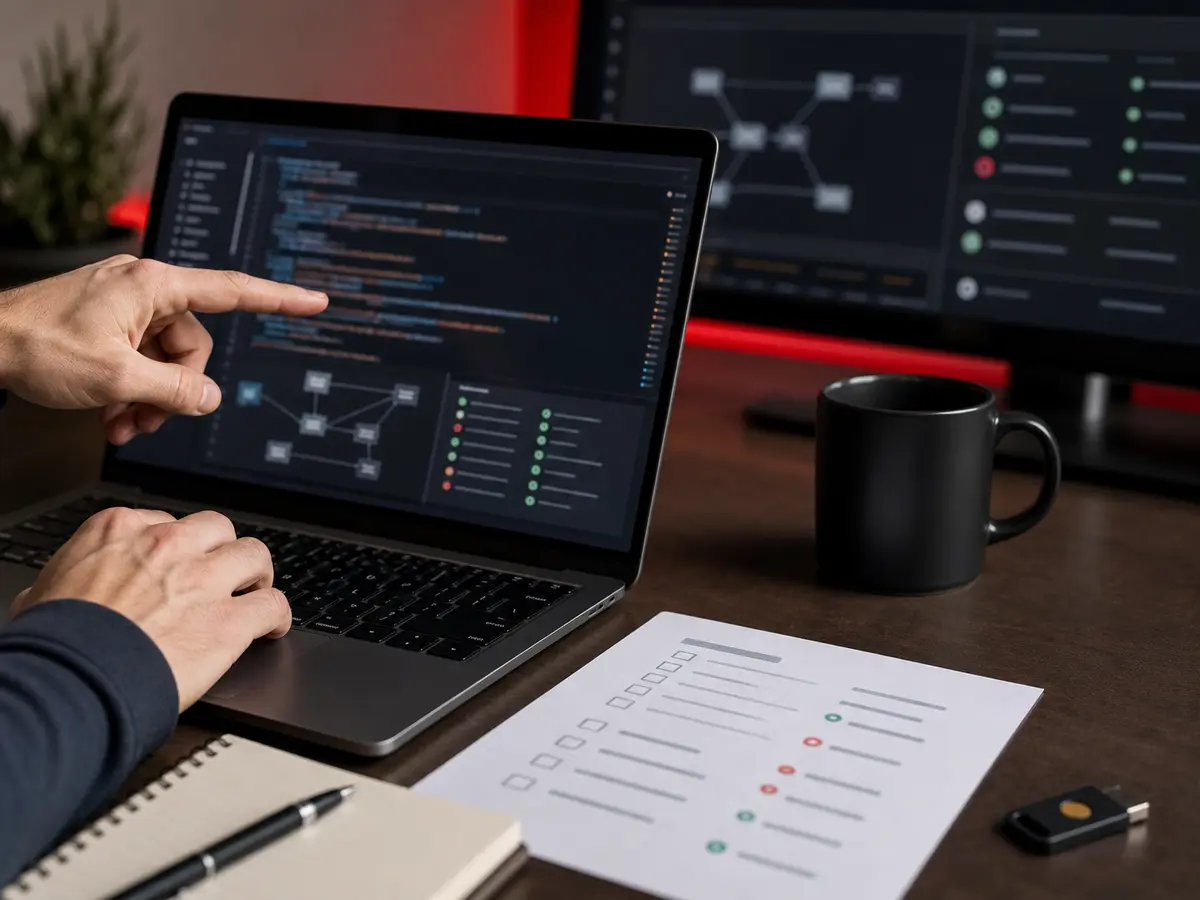 AI audit kódu na notebooku s bezpečnostním checklistem