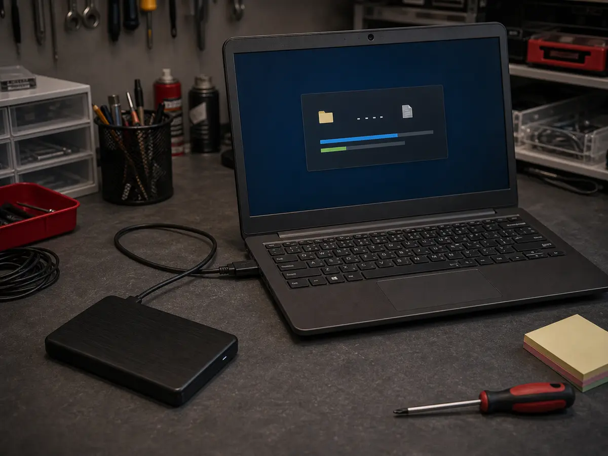 Externí disk připojený k notebooku během zálohy dat