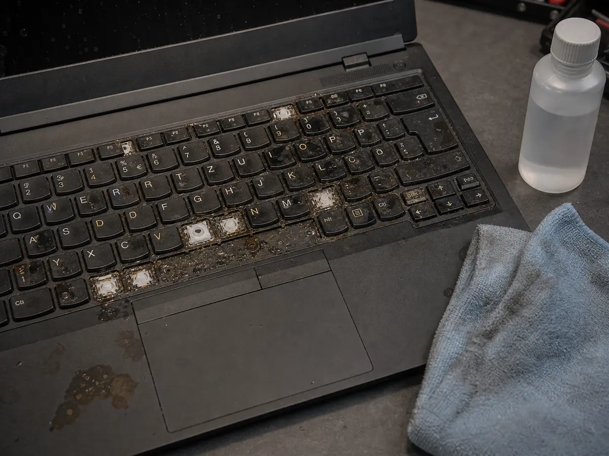 Notebook po polití kávou připravený k čištění v servisu