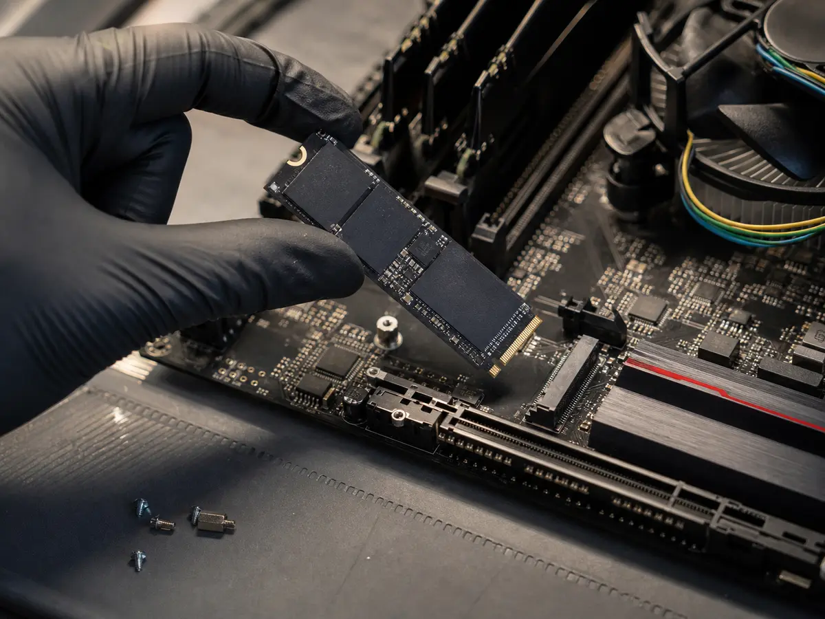 Технік тримає NVMe SSD над відкритою материнською платою ПК