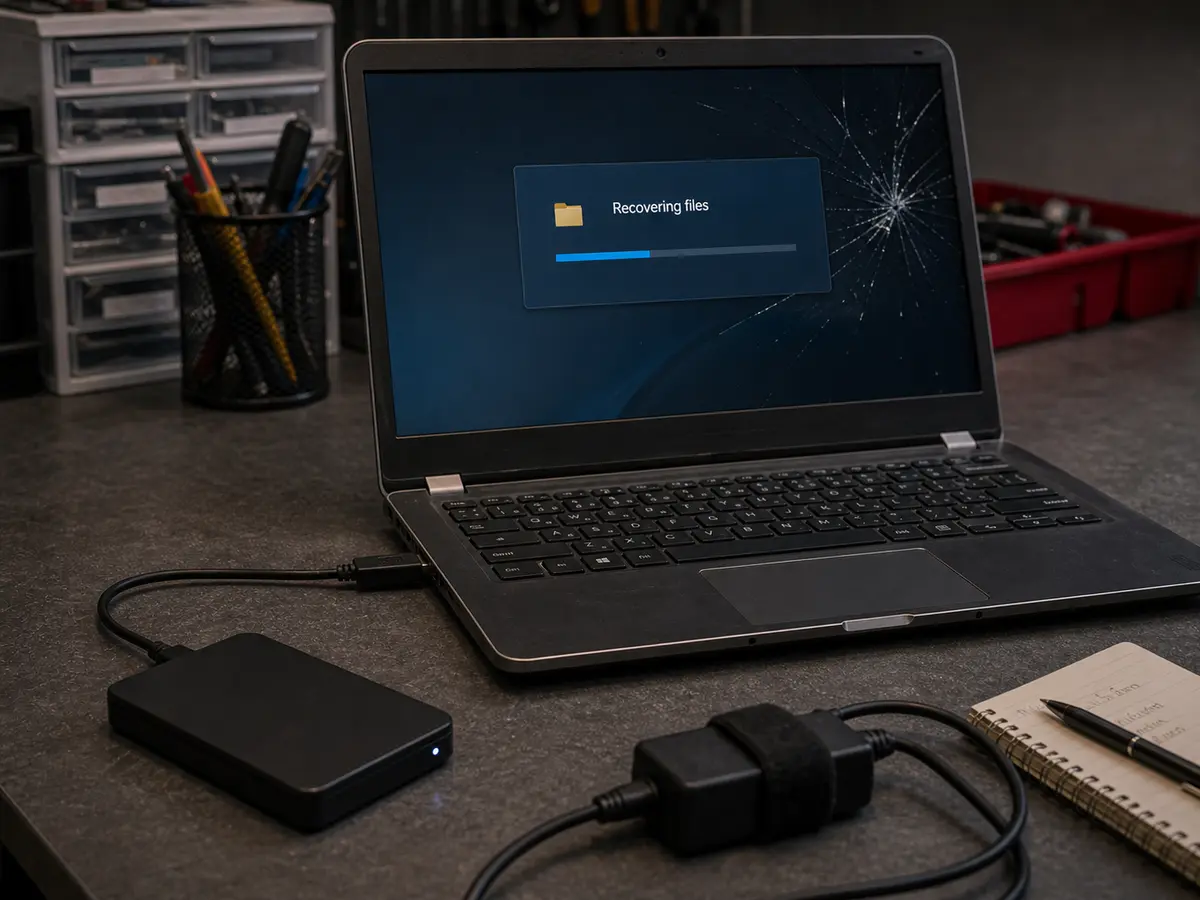 Externí disk připojený k poškozenému notebooku během obnovy souborů